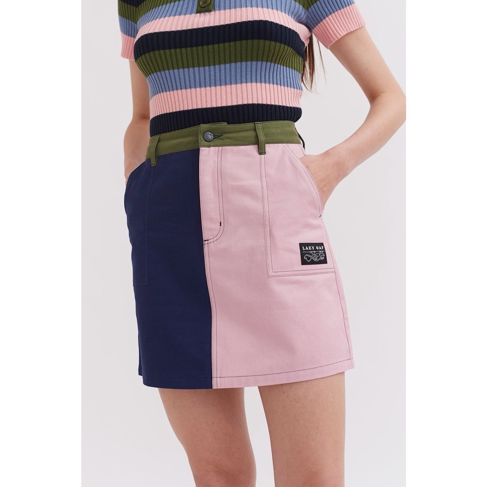 Lazy Oaf Two-Tone Mini Skirt in Pink and Navy with Olive Waist